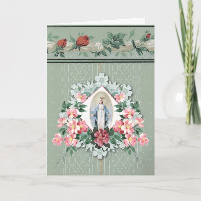 Religiöse Jungfrau Mary Floral Rosary Drehbuch Karte (Vorderseite)