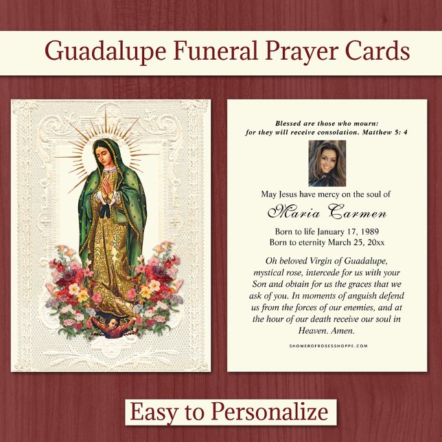 Religiöse Jungfrau Mary Funeral Guadalupe Platzkarte (Catholic Our Lady of Guadalupe Funeral Prayer Cards - Easy to personalize! )