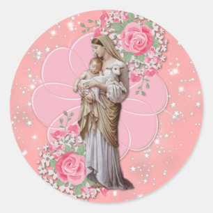 Religiöse Jungfrau Mary Jesus Pink Roses Stars Runder Aufkleber