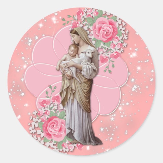 Religiöse Jungfrau Mary Jesus Pink Roses Stars Runder Aufkleber (Vorderseite)