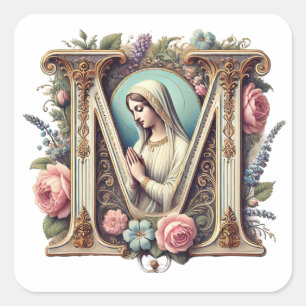 Religiöse Jungfrau Mary "M" Katholische Vintage Bl Quadratischer Aufkleber