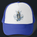 Religiöse Jungfrau Mary Marian Cross Blue Blumen Truckerkappe<br><div class="desc">Mit einem wunderschönen,  traditionell katholischen religiösen Bild der gesegneten Jungfrau Mary,  Unsere Dame der Gnade mit einem marian "M" Insignien dahinter.</div>