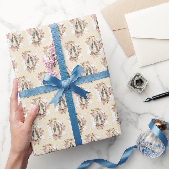 Religiöse Jungfrau Mary Pink Roses Vintag  Geschenkpapier (Schenken)
