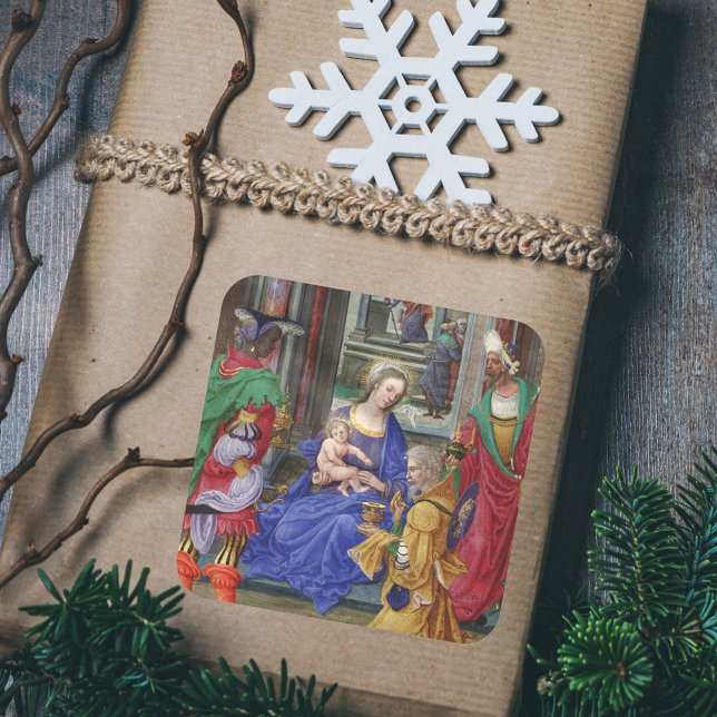 Religiöse katholische Christliche Weihnachtskrippe Quadratischer Aufkleber (Medival Renaissance Vintage Religious Catholic Christian Christmas Nativity Scene Gift Sticker)