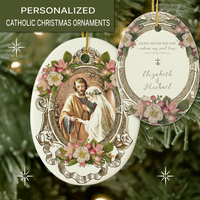 Religiöse katholische Hochzeitsskriptur Keramik Ornament (TRADITIONAL CATHOLIC CHRISTMAS WEDDING ORNAMENT WITH SCRIPTURE VERSE AND BETROTHAL OF MARY & JOSEPH.)