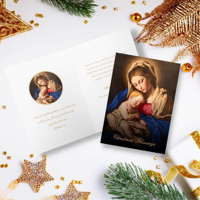 Religiöse Madonna & Kind Bibel Verse Weihnachten (Religious Christmas card for Catholics and Christians in gold and white)
