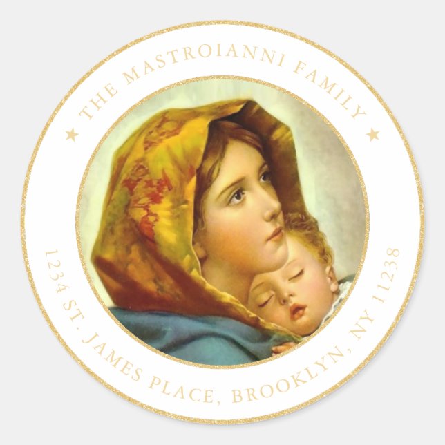 Religiöse Madonna & Kind Weihnachten Rücksendeadre Runder Aufkleber (Vorderseite)