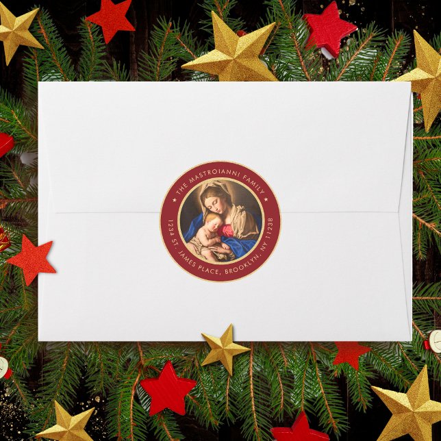 Religiöse Madonna & Kind Weihnachten Rücksendeadre Runder Aufkleber (Red and gold religious Christmas address label with Madonna and Child for Catholics and Christians)