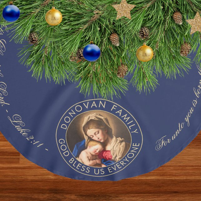 Religiöse Madonna und Kinderbibel Verse Weihnachte Polyester Weihnachtsbaumdecke (Religious Christmas tree skirt with Bible verse and Madonna and Child in navy blue and gold)
