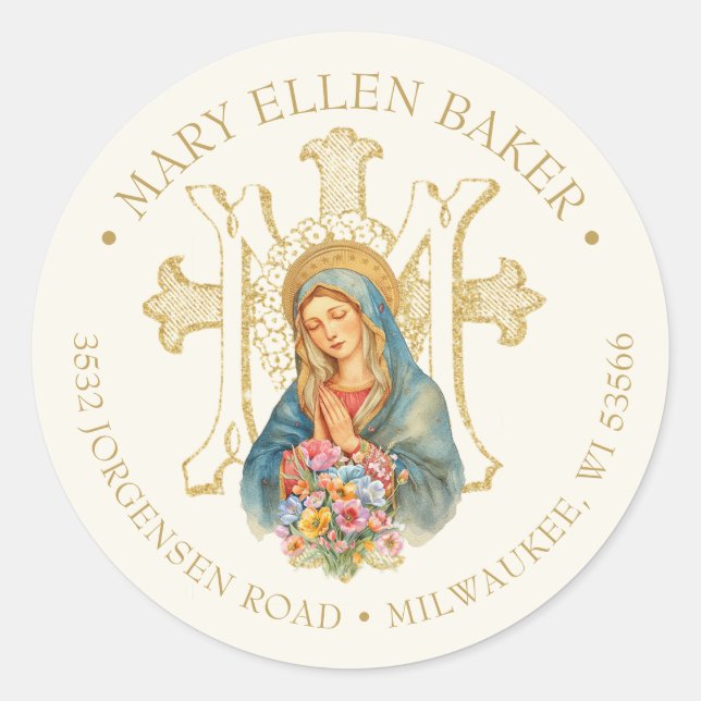 Religiöse Mutter Mary Gold Marian Cross Runder Aufkleber (Vorderseite)