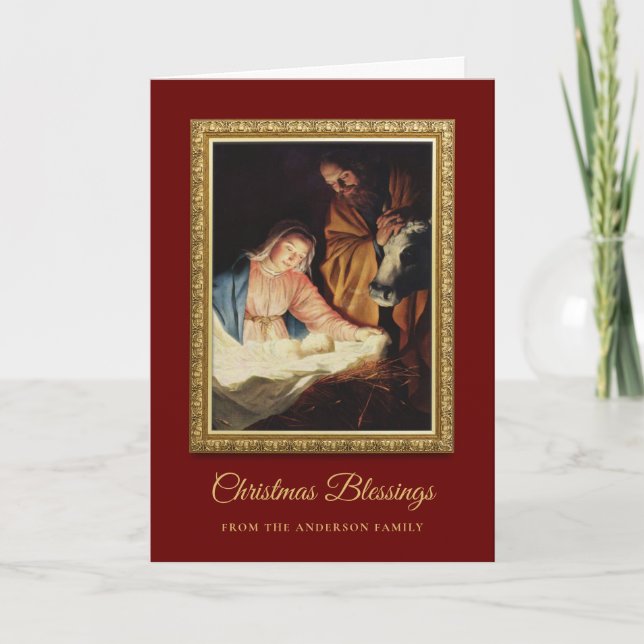 Religiöse Red Gold Krippe Weihnachtsfeiertag Karte (Vorderseite)
