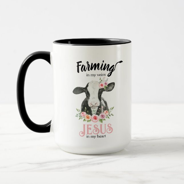 Religiöse rosa bläserne Kuh Farm und Jesus Kaffee Tasse (Links)