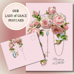 Religiöse Roses Rosary Jungfrau Mary Vintag Postkarte<br><div class="desc">Mit einem wunderschönen,  nach Maß entworfenen Bild mit einem herrlichen,  religiös-katholischen Bild des heiligen Rosenkranzes mit pastellrosa Vintagen Rose. Auf der Rückseite ist ein traditioneller Katholik der gesegneten Jungfrau Mary,  Unsere Dame der Gnade mit dem gleichen Blumenmuster Rosenkranz. Alle Texte und Schriftart können geändert werden.</div>