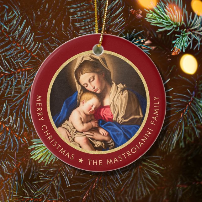Religiöse Rote und Gold Madonna & Kind Weihnachten Keramik Ornament (Red and gold religious Christmas ornament with Madonna and Child for Catholics and Christians)