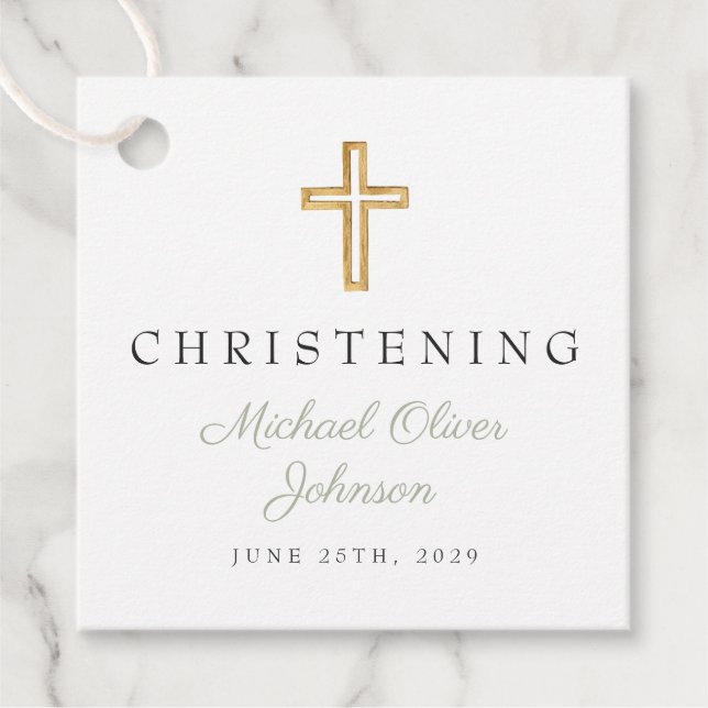 Religiöse Sage Green Cross Script Christening Geschenkanhänger (Vorderseite)