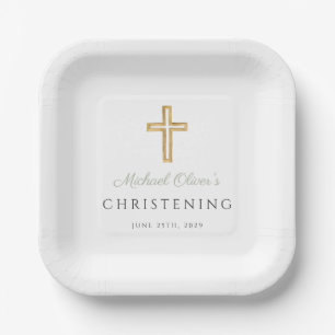 Religiöse Sage Green Wood Cross Christening Pappteller