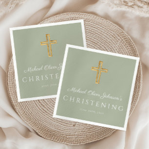 Religiöse Sage Green Wood Cross Christening Serviette
