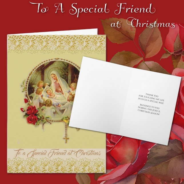 Religiöse Special Friend zu Weihnachten (Christmas Vintage Catholic Friendship Card with holy rosary and Virgin Mary & Jesus)