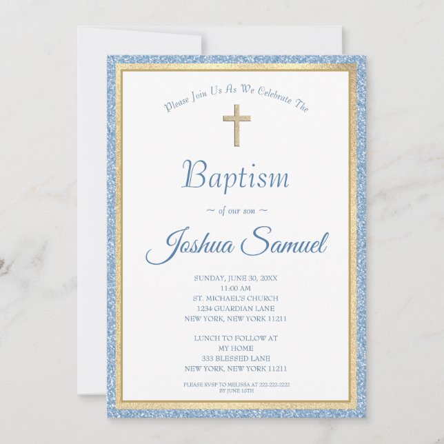 Religiöse Taufe Blue Glitzer Gold Cross Boy Einladung (Vorderseite)