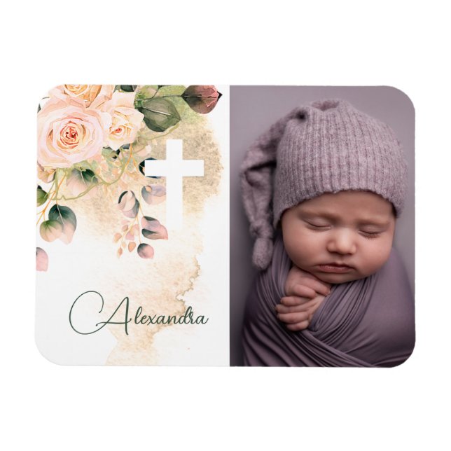 Religiöse Taufe Christening Foto Pink Roses Magnet (Horizontal)
