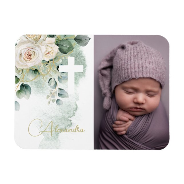 Religiöse Taufe Christening Foto Rose kreuzen Magnet (Horizontal)