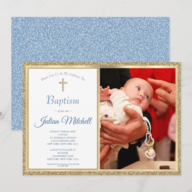 Religiöse Taufe Christening Gold Blue Baby Boy Einladung (Vorne/Hinten)