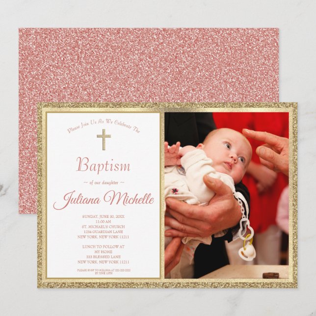 Religiöse Taufe Christening Gold Pink Baby Girl Einladung (Vorne/Hinten)
