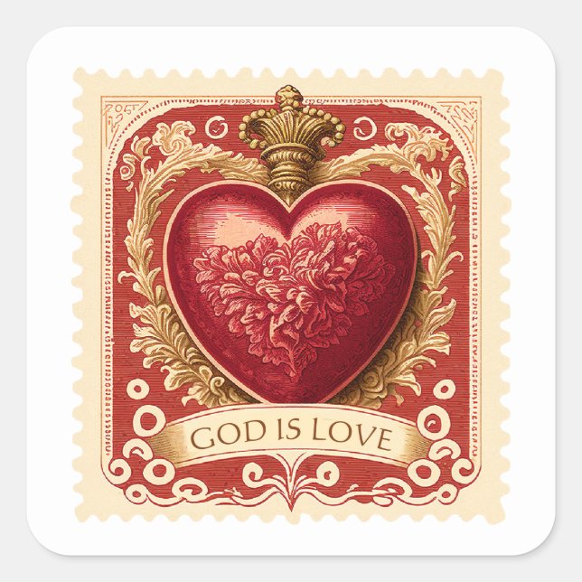 Religiöse Valentine Red Heart Postage Quadratischer Aufkleber (Vorderseite)