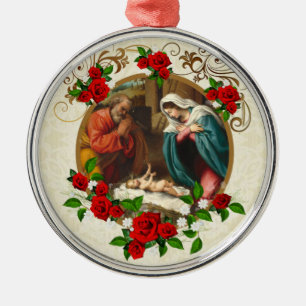 RELIGIÖSE VINTAGE NATIVITÄT JESUS KERAMIK ORNANA ORNAMENT AUS METALL