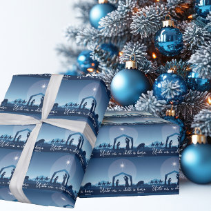Religiöse Weihnachts-Krippenszene Blau Geschenkpapier