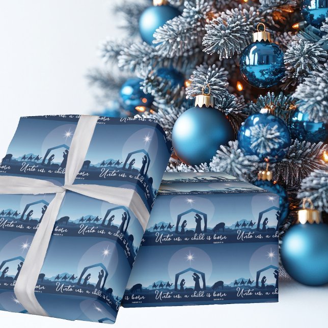 Religiöse Weihnachts-Krippenszene Blau Geschenkpapier (Von Creator hochgeladen)