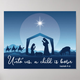 Religiöse Weihnachtsgeburtsszene Blau Christlich Poster