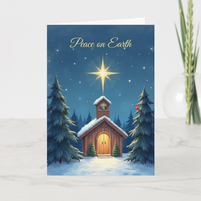 Religiöse Weihnachtskapelle Snowy Weltfrieden Karte (Vorderseite)