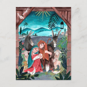 Religiöse Weihnachtskrippe blau, rote Maria & Jose Feiertagspostkarte