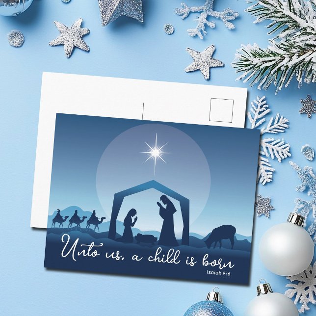 Religiöse Weihnachtskrippen Blau Feiertagspostkarte (Von Creator hochgeladen)
