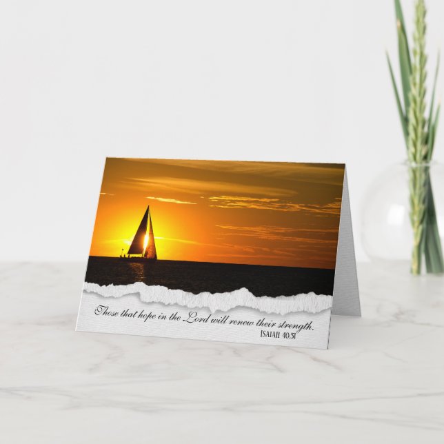 religiöser Beileid-Sonnenuntergang mit Segelboot a Karte (Vorderseite)