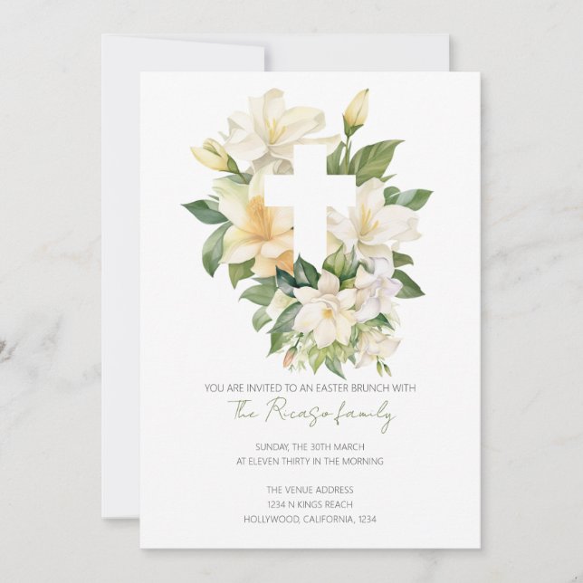 Religiöser Christlicher Cross Lily Ostern Brunch Einladung (Vorderseite)