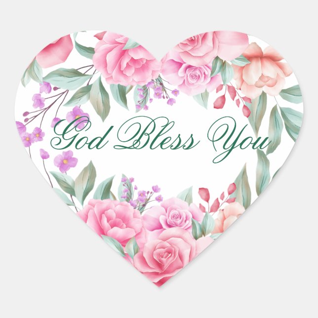 Religiöser Gott segne Sie rosa Rosen Blumenherz Herz-Aufkleber (Vorderseite)