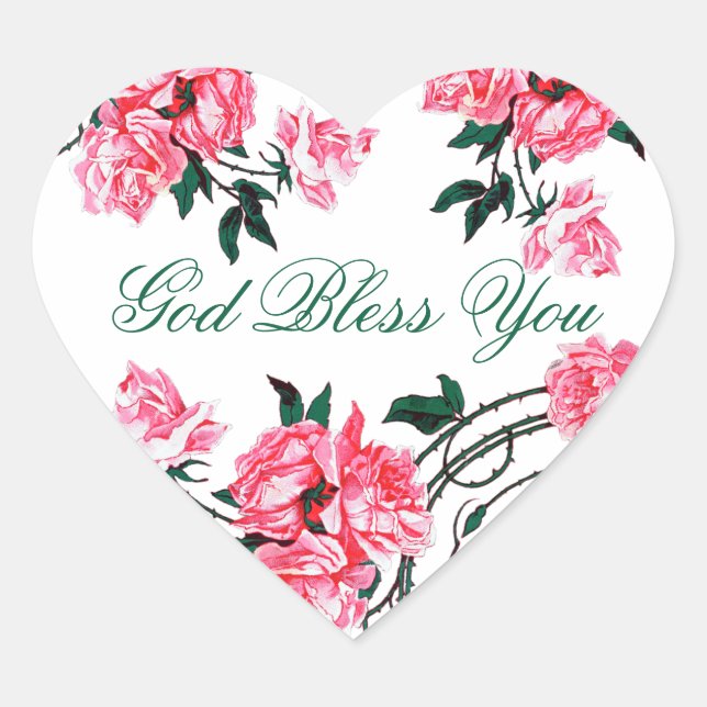 Religiöser Gott segne Sie rosa Rosen floral Herz-Aufkleber (Vorderseite)