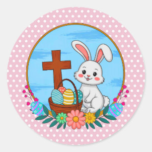 Religiöser Osterhase mit Kreuz und Blumenei Runder Aufkleber