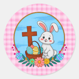 Religiöser Osterhase mit Kreuz und Blumenei Runder Aufkleber