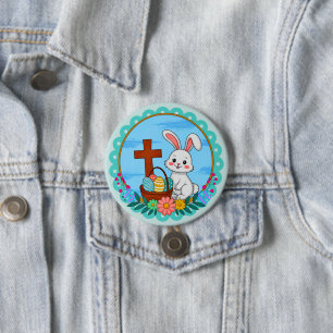 Religiöser Osterhase mit Kreuz und floralem Ei Button