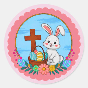 Religiöser Osterhase mit Kreuz und floralem Ei Runder Aufkleber