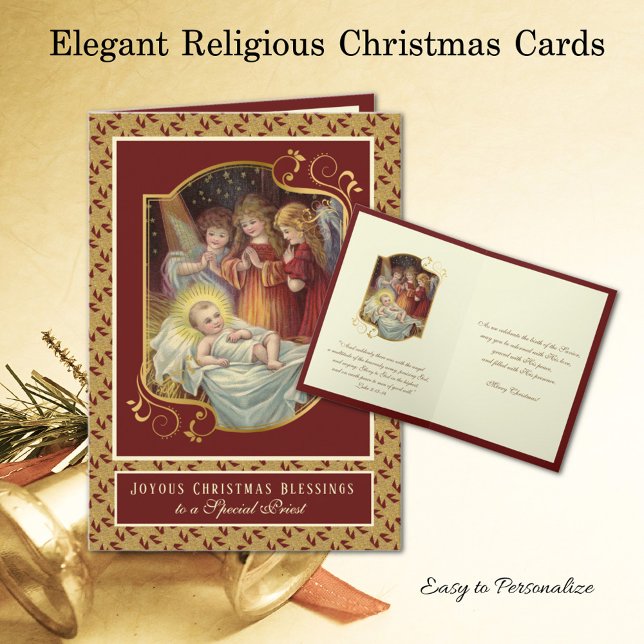 Religiöses Baby Jesus WeihnachtsEngel Priest Feiertagskarte (Traditional Christmas Religious Card with Jesus in Manger with Angels - Easy to personalize)