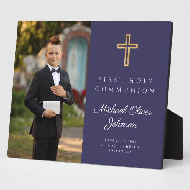 Religiöses Cross First Communion Boy Foto Blue Fotoplatte (Seite)