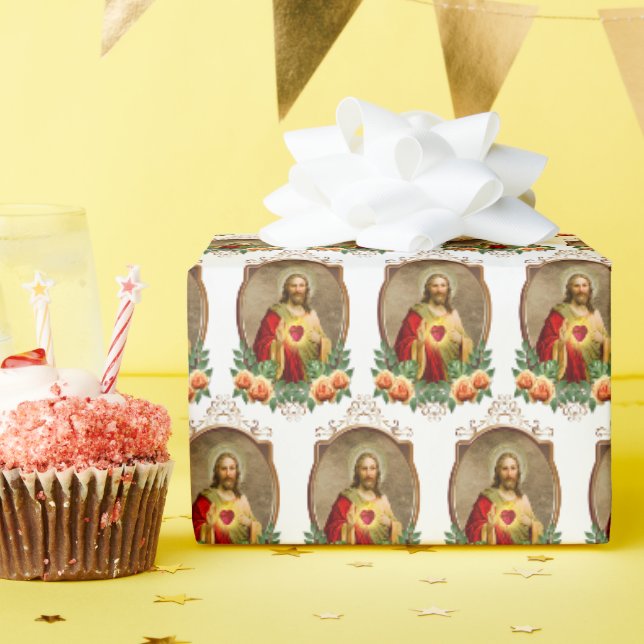 Religiöses Heiliges Herz Jesus Gelbe Rosen Geschenkpapier (Geburtstagsparty)