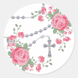 Religiöses Heiliges Rosary Pink Roses Blumenkreuz Runder Aufkleber