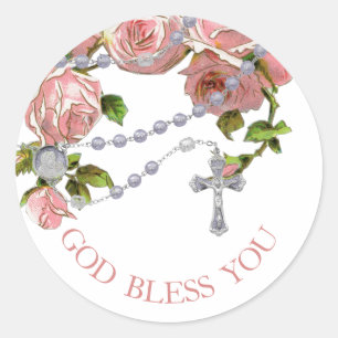 Religiöses Heiliges Rosary Pink Roses Blumenkreuz Runder Aufkleber