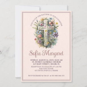 Religiöses Kreuz Aquarell Blumen Mädchen Taufe Einladung