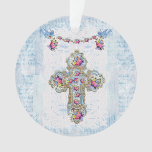 Religiöses Kreuz mit Blume und Vögeln Ornament